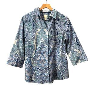 Chico's Gabrielle Paisley No-Iron Button Down Cotton Shirt Blue Green Medium